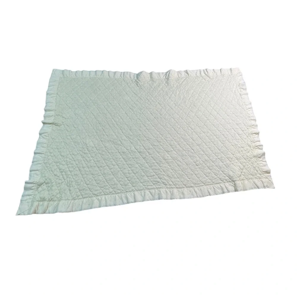 Vintage Quilted Baby Blanket Cream Yellow Satin‎ Ruffle Trim 31x48 Nursery